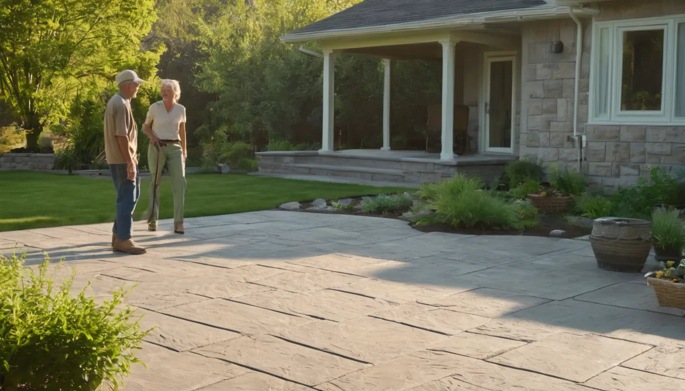 Homeowner and a local provider looking at a newly stamped concrete patio behind an older house near Eureka